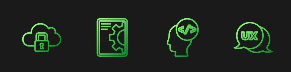 Set line Front end development, Cloud computing lock, Web and UI or UX design Stock Illustration