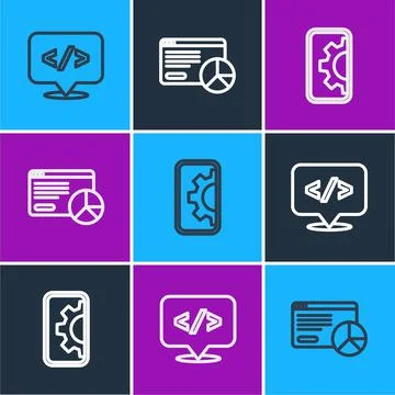 Set line Front end development, Web and Website statistic icon. Vector Stock Illustration