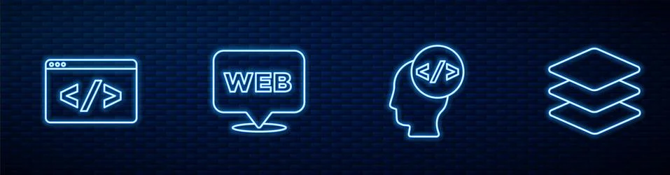 Set line Front end development, , Web and graphic design and Layers. Glowing 库存插图