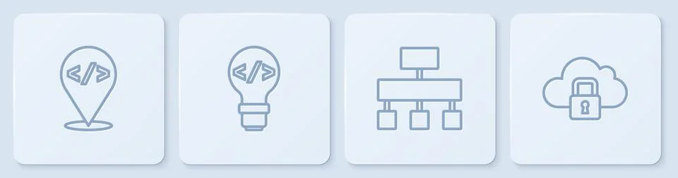 Set line Front end development, Site map, and Cloud computing lock. White square イラスト素材