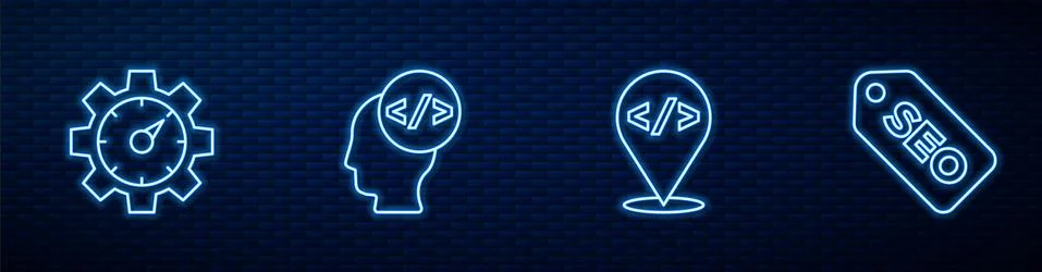 Set line Front end development, Website statistic, and SEO optimization. Glowing Stock Illustration