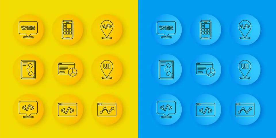 Set line Front end development, Web, Website statistic, UI or UX design, and 스톡 일러스트