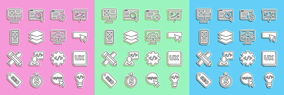 Set line Front end development, UI or UX design, Website statistic, Layers, and Illustrazione stock