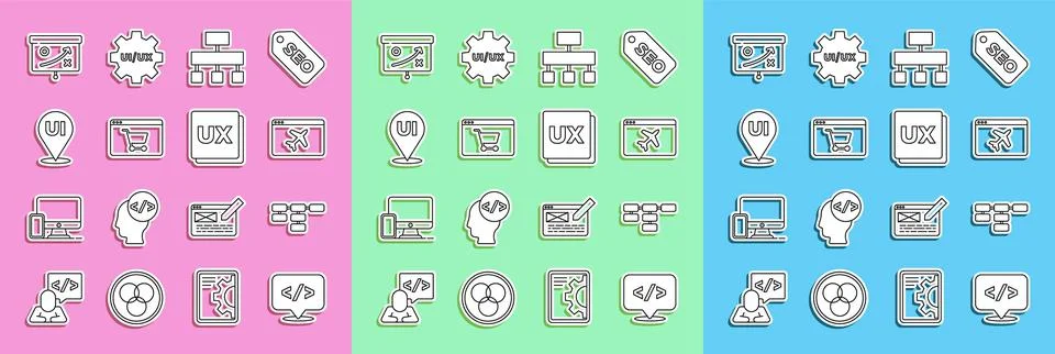 Set line Front end development, Site map, Website template, Online shopping Stock Illustration