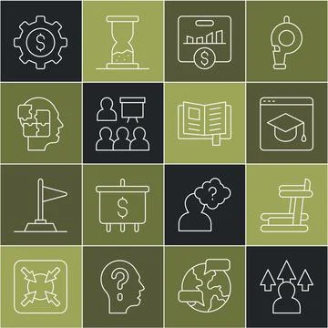 Set line Front end development, Treadmill machine, Online education, Key Illustrazione stock