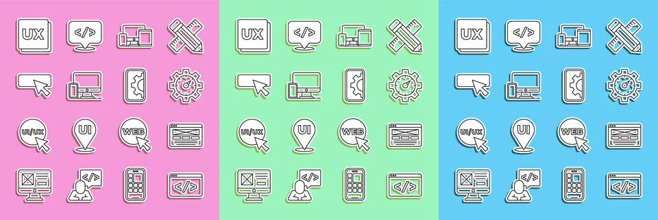 Set line Front end development, UI or UX design, Website statistic, Monitor Stock Illustration