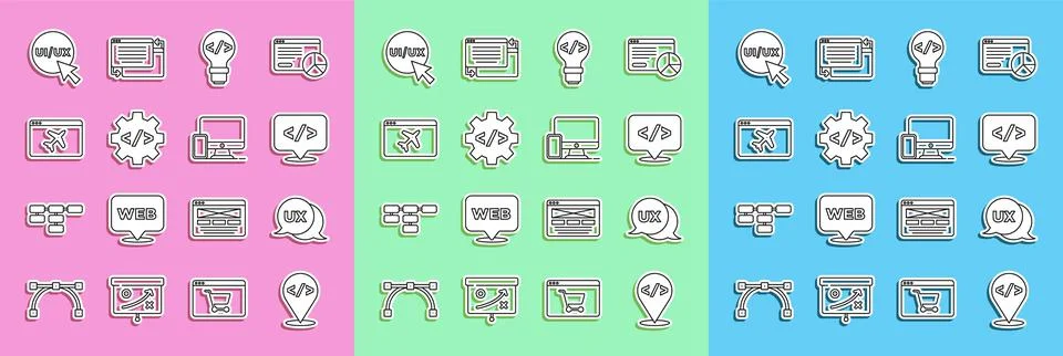 Set line Front end development, UI or UX design, Website template, and Monitor Illustrazione stock