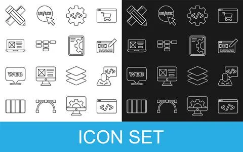 Set line Front end development, UI or UX design, Site map, Crossed ruler and Stock Illustration