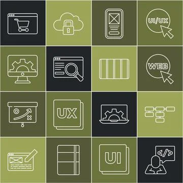 Set line Front end development, Site map, Web and graphic design, UI or UX Illustrazione stock