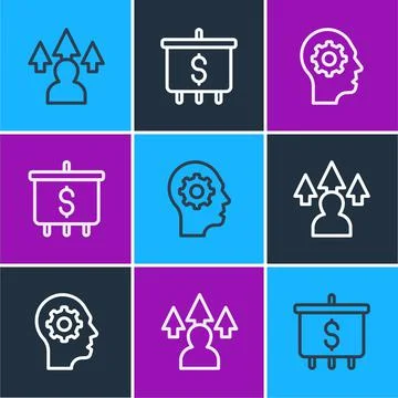 Set line Front end development, Human head with gear inside and Target dollar Ilustración de archivo