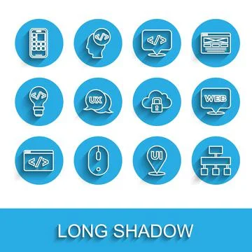 Set line Front end development, Computer mouse, Mobile Apps, UI or UX design Stock Illustration