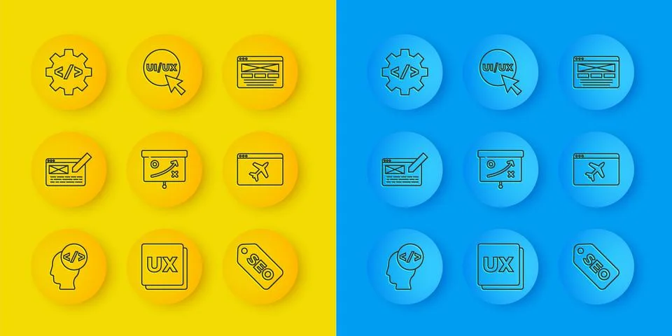 Set line Front end development, UI or UX design, Planning strategy concept, SEO Illustrazione stock