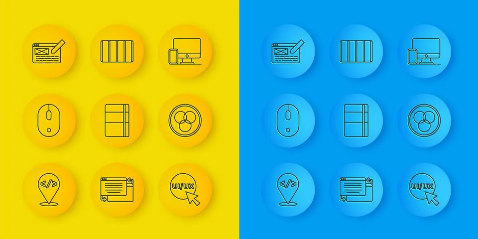 Set line Front end development, Computer mouse, Sketchbook or album, UI UX de Illustrazione stock