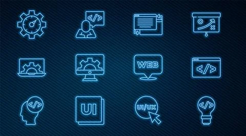 Set line Front end development, UI or UX design, Web, Website statistic, and  Illustrazione stock