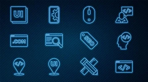 Set line Front end development, Computer mouse, UI or UX design, SEO optimiza Illustrazione stock