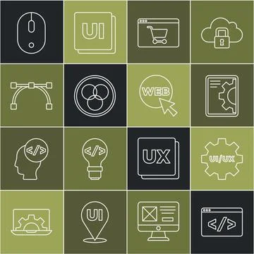 Set line Front end development, UI or UX design, Web, Online shopping screen, Stock Illustration