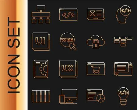 Set line Front end development, UI or UX design, Site map, Web and graphic, and Illustrazione stock