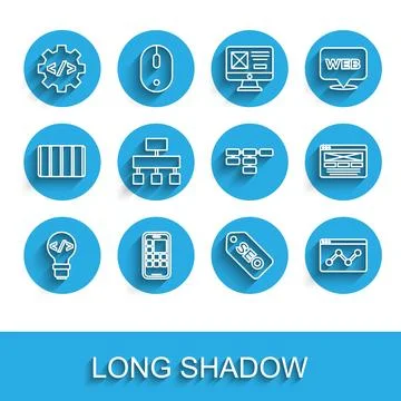 Set line Front end development, Mobile Apps, SEO optimization, Website statistic Stock Illustration