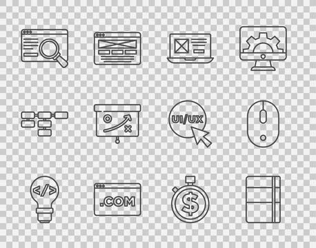 Set line Front end development, Sketchbook or album, UI UX design, Planning Stock Illustration