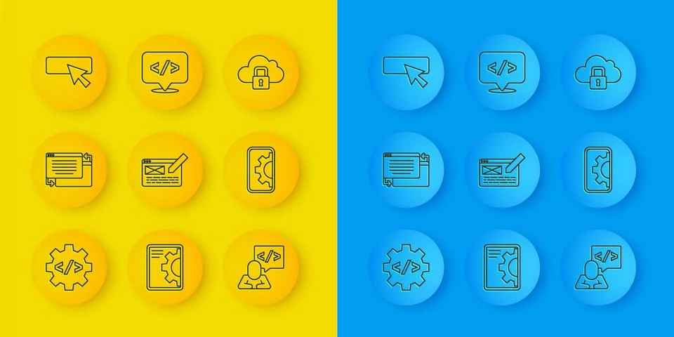 Set line Front end development, UI or UX design, Web, Cloud computing lock and イラスト素材