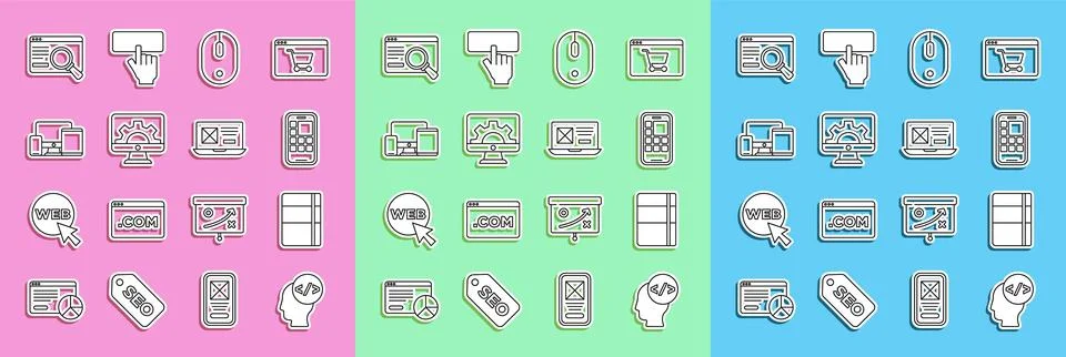Set line Front end development, Sketchbook or album, Mobile Apps, Computer mouse 스톡 일러스트