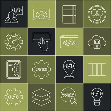 Set line Front end development, Color palette guide, Cloud computing lock, .. Stock Illustration