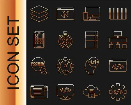 Set line Front end development, Site map, Monitor and mobile, Time is money.. Stock Illustration