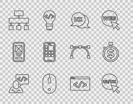 Set line Front end development, UI or UX design, Computer mouse, Site map, .. Stock Illustration