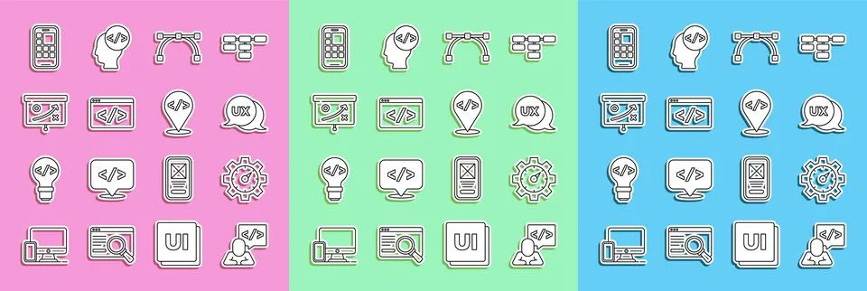 Set line Front end development, Website statistic, UI or UX design, Bezier .. Stock Illustration