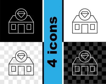 Set line Front facade building jewelry store icon isolated on black and white Ilustración de archivo