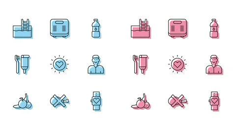 Set line Fruit, No meat, Swimming pool with ladder, Smart watch, Sun, Positive Stock Illustration
