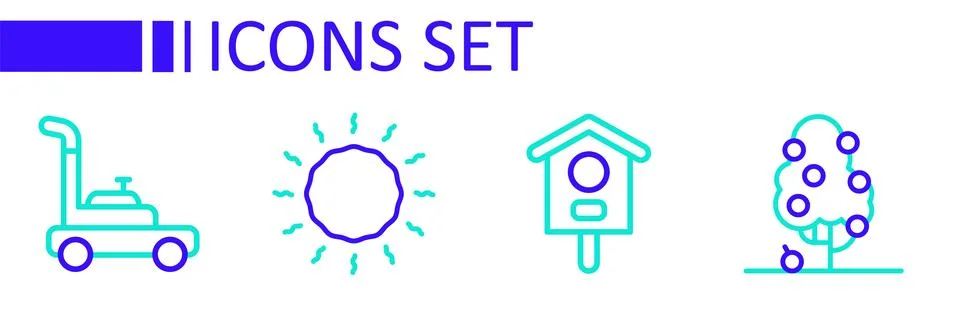 Set line Fruit tree, Bird house, Sun and Lawn mower icon. Vector Illustrazione stock