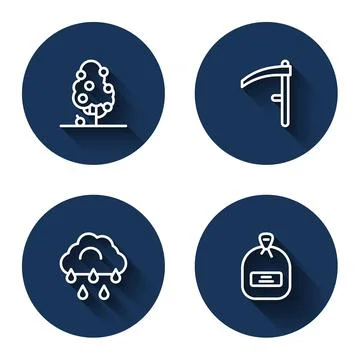 Set line Fruit tree, Scythe, Cloud with rain and Pack full of seeds with long Stock Illustration