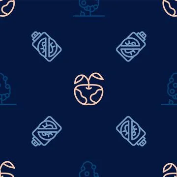 Set line Fruit tree, Spray against insects and Apple on seamless pattern. Vec Stock Illustration