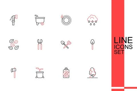 Set line Fruit tree Spray against insects Plant pot Wooden axe Shovel and rak Illustrazione stock