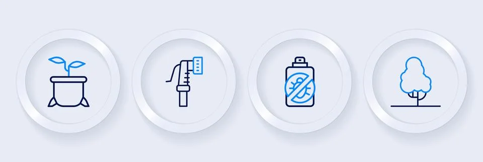 Set line Fruit tree, Spray against insects, Garden hose and Plant pot icon... Stock Illustration