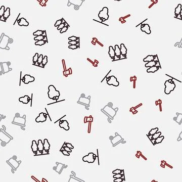 Set line Fruit tree, trees, Wheelbarrow and Wooden axe on seamless pattern Illustrazione stock