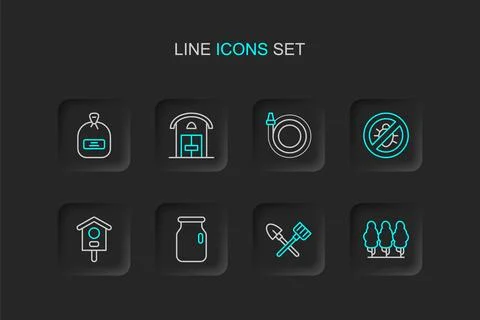 Set line Fruit trees, Shovel and rake, Glass jar with screw-cap, Bird house.. Illustration