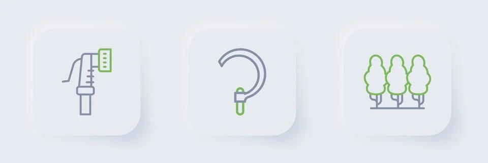 Set line Fruit trees, Sickle and Garden hose icon. Vector Stock Illustration