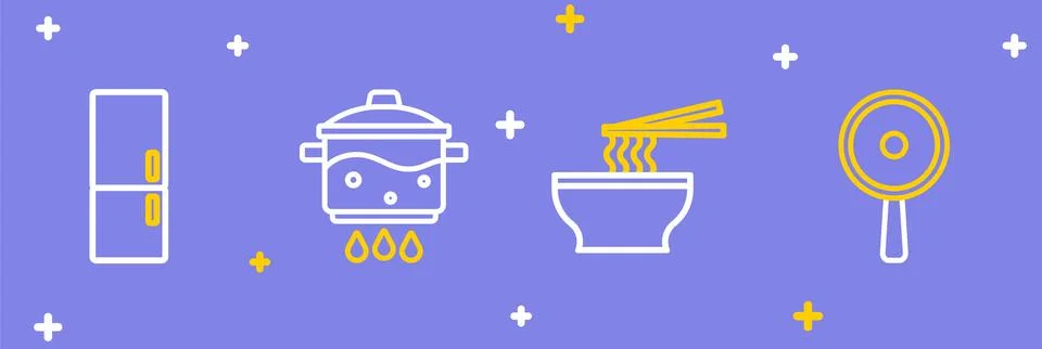 Set line Frying pan, Asian noodles bowl, Cooking pot on fire and Refrigerat.. Stock Illustration