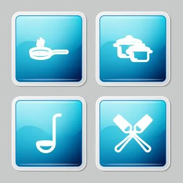 Set line Frying pan, Cooking pot, Kitchen ladle and Crossed fork icon. Vector Stock Illustration