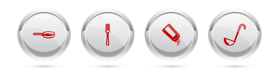 Set line Frying pan, Fork, Salt and pepper and Kitchen ladle. Silver circle Stock Illustration
