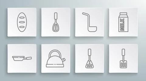 Set line Frying pan, Kitchen whisk, Kettle with handle, Spatula, ladle, Paper Illustration