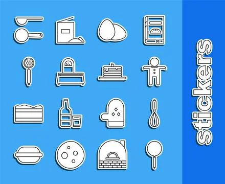 Set line Frying pan, Kitchen whisk, Holiday gingerbread man cookie, Chicken.. Stock Illustration