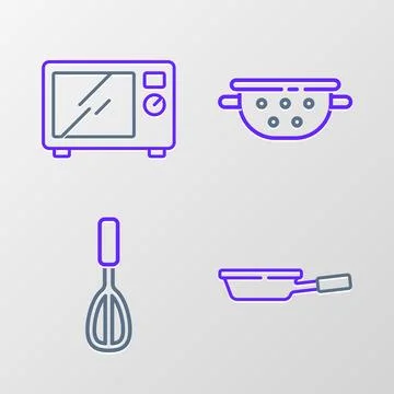 Set line Frying pan, Kitchen whisk, colander and Microwave oven icon. Vector Illustrazione stock