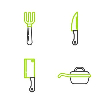 Set line Frying pan, Meat chopper, Knife and Fork icon. Vector Illustration