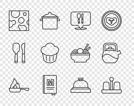 Set line Frying pan, Salt and pepper, Cafe restaurant location, Restaurant .. Illustrazione stock