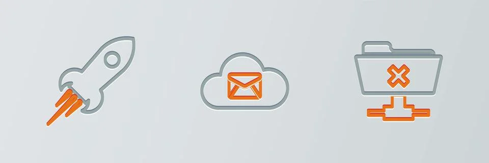 Set line FTP cancel operation, Rocket ship with fire and Cloud mail server ic 스톡 일러스트