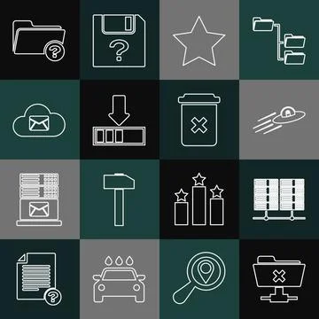 Set line FTP cancel operation, Server, Data, Web Hosting, UFO flying spaceshi Illustrazione stock