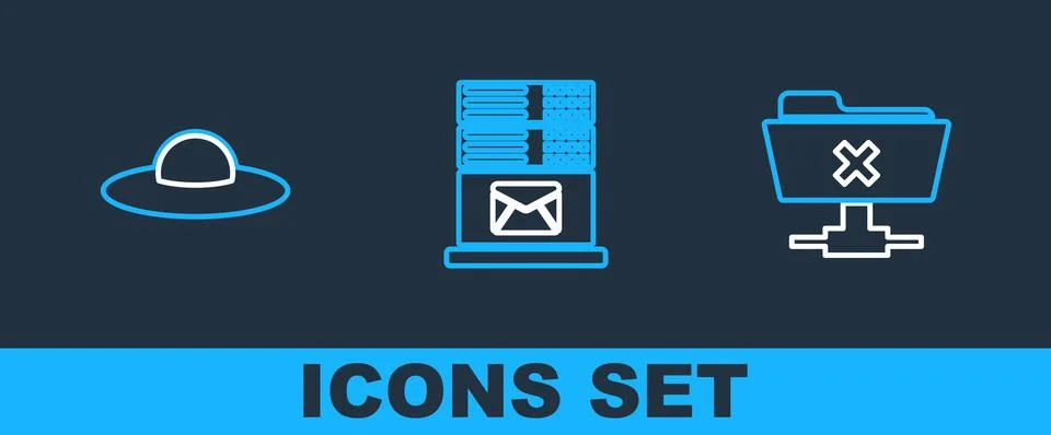 Set line FTP cancel operation, UFO flying spaceship and Mail server icon. Vector Stock Illustration